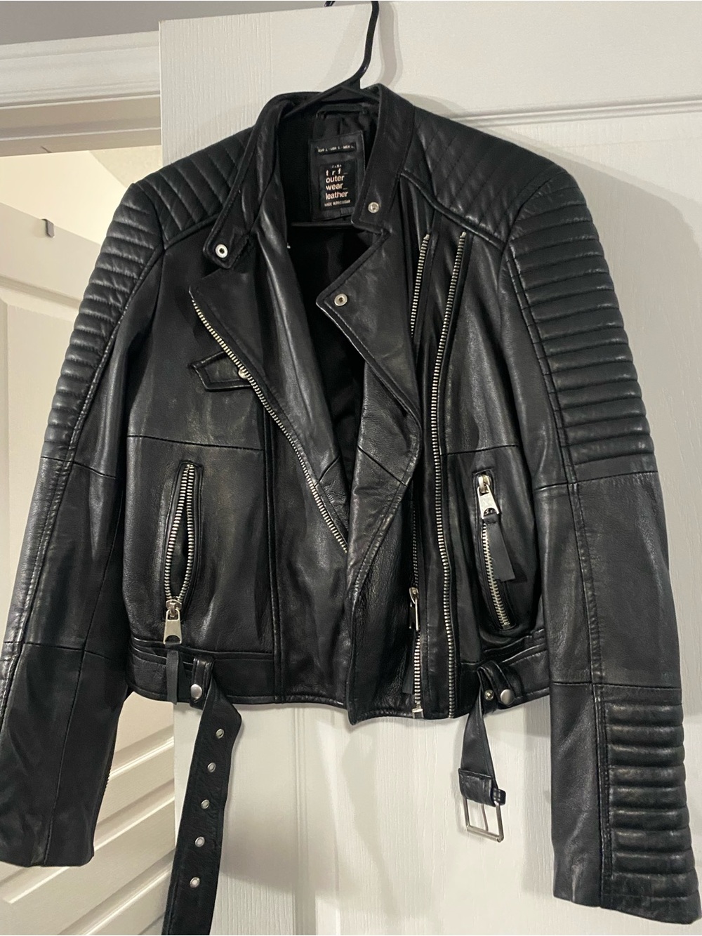 Zara Black Quilted faux Leather Moto Jacket with Belt